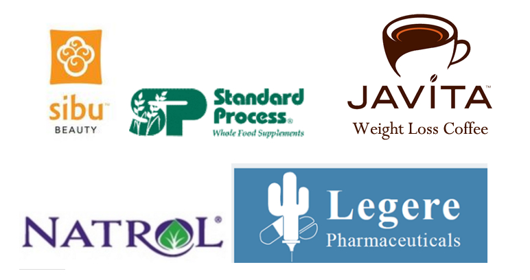 Logos of supplement brands used in the program: Sibu Beauty, Standard Process, Javita, Natrol and Legere Pharmaceuticals.